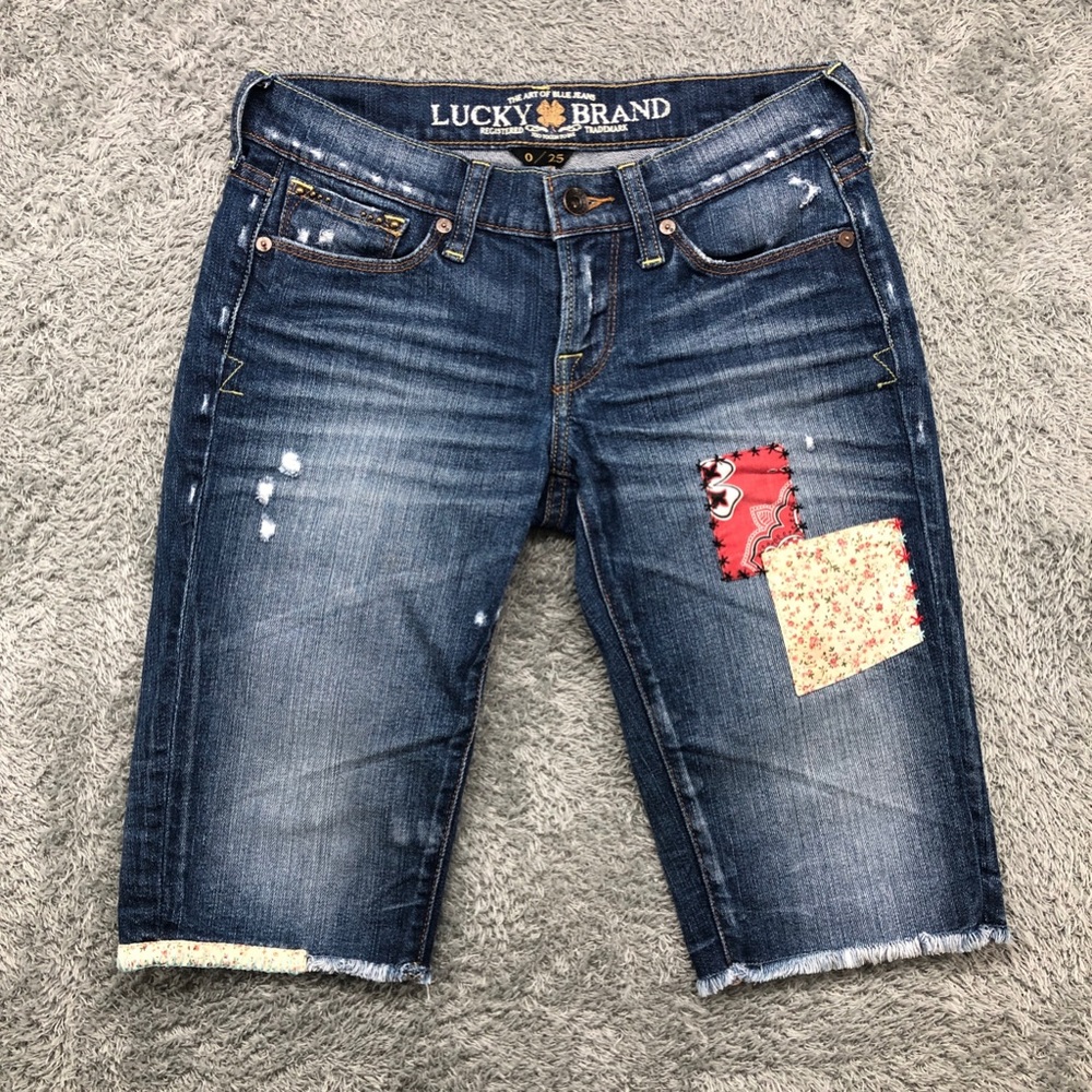 Lucky Brand Zoe Bermuda Distressed Patch Denim Shorts Women Size 0/25 Blue